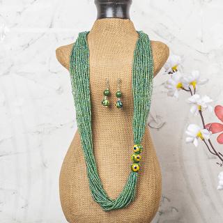 Handmade Green Color Blue Pottery Three Bead Side Necklace with Earrings