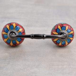 Turquoise,Yellow,Red and Green Flower with White Base Ceramic knob