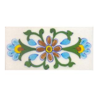 Turquoise,Yellow,Brown flower and Green leaf with White base Tile (3x6)