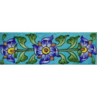 Blue Flowers With Green Leaves Design On Turquoise base Tile