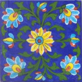Turquoise,Yellow and REd Flowers and Green leaf with Blue Base Tile