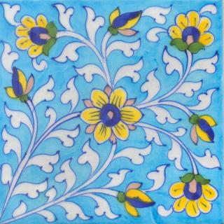 Yellow and Blue Flowers and White leaf with Turquoise Base Tile