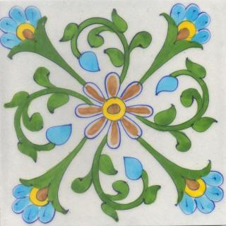 Turquoise,Yellow and REd Flowers and Green leaf with White Base Tile