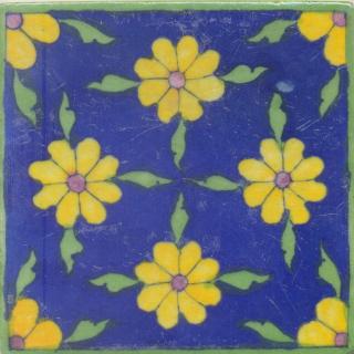 Yellow and Pink Flowers and Green leaf with Blue Base Tile