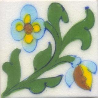 Green leaf and Turquoise and Yellow Brown Flower with White Base Tile