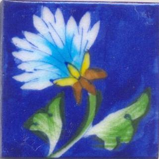 Turquoise,Yellow,Brown Flower and Green saiding with Blue Base Tile