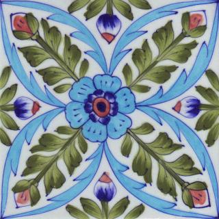 Lime Green Leafs and Turquoise,Brown,Blue Flowers with White Base Tile