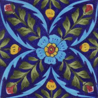 Lime Green Leafs and Turquoise,Brown,Blue,Yellow Flowers with Blue Base Tile