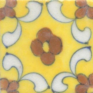 Brown Flowers With White Leaves On Yellow Base Tile