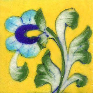 Turquoise and Blue Flower With Green Leave On Yellow Base Tile 