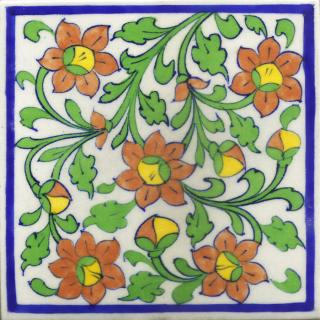 Orange Flowers With Green Leaves On White Base Tile and Blue Border 