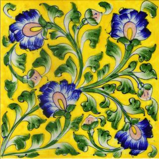 Blue Flowers With Green Leaves On Yellow base Tile