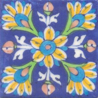 Yellow, turquoise, brown and green flowers on blue tile