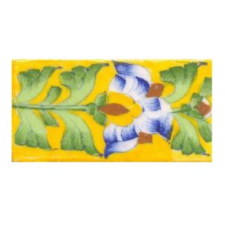 Blue, brown flower with green leaves on yellow tile (2x4-BPT10)