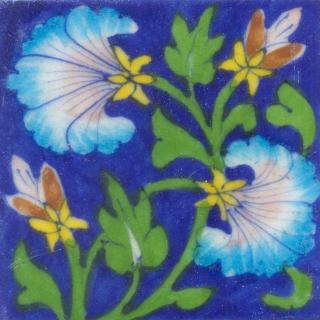 Turquoise and Pink Flowers and Green leaf with Blue Base Tile