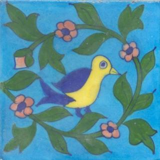 Blue,Yellow Bird and Pink Flower, Green Leaf with Turquoise Base Tile