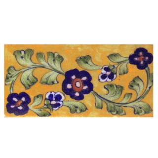 Blue and Brown Flowers and Green Shaiding leaf with Yellow Base Tile-4