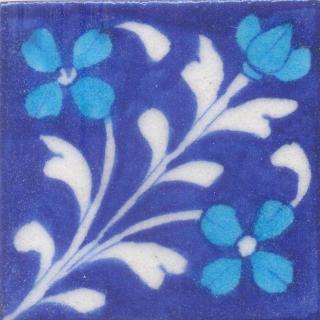 Turquoise Flowers and White leaf with Blue Base Tile