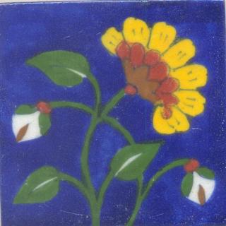 Yellow, Red and Brown Flower and Green leaf with Blue Base Tile
