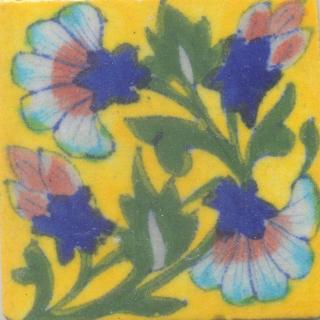Turquoise,Blue and Brown Flowers and Green leaf with Yellow Base Tile