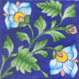 Turquoise and Yellow Flower and Lime Green leaf with Blue Base Tile