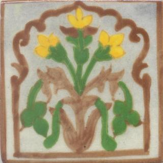 Yellow Flower and Green leaf and Brown design with White Base Tile