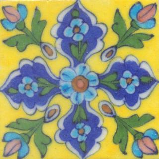 Turquoise Flower Green leaf Blue and Yellow Base Tile