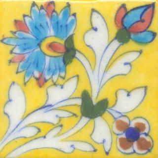 Turquoise,Yellow and Brown Flower and White leaf with Yellow Base Tile