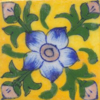 Turquoise and Pink Flowers and Green leaf with Yellow Base Tile