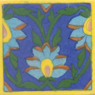 Yellow,Brown and Turquoise Flowers and Green leaf with Blue Base Tile