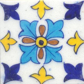 Blue,Yellow,Turquoise and Brown Flowers design with White Base Tile