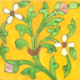 White Flowers and Green leaf with Yellow base Tile