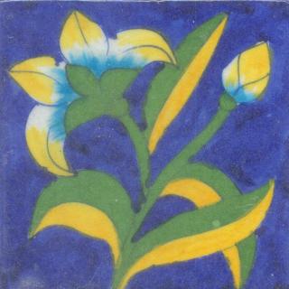 Yellow and Turquoise Flower and Green leaf with Blue Base Tile