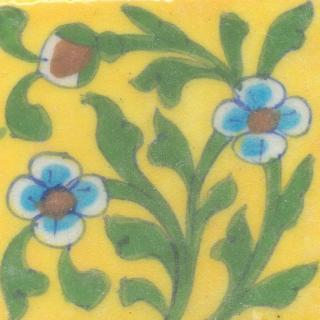 Turquoise and Brown Flowers and Green leaf with Yellow Base Tile