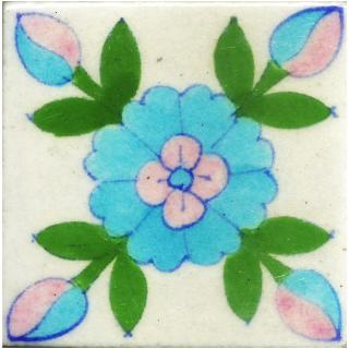 Turquoise and Pink Flowers With Green Leaves On White Base Tile