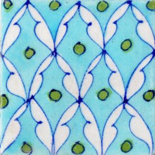 White Pattern and Green Dots Design On Turquoise Base tile