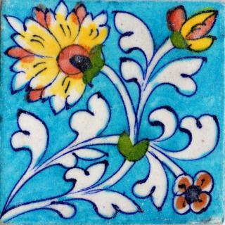 Yellow Flowers and White Leaves On Turquoise Base Tile