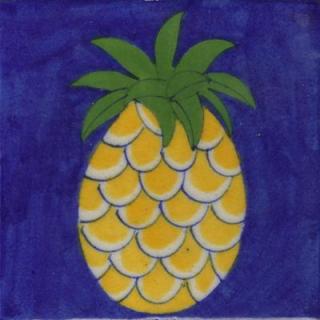 Yellow Pineapple Green Leaf Design With Blue Base Tile.