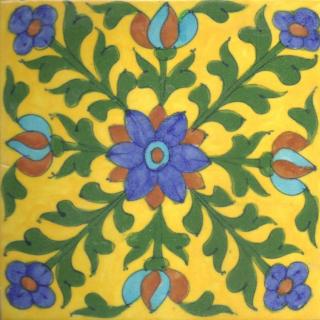 Lime blue flower and green leaves with yellow tile