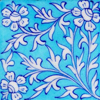 White Flowers and White Leaves Design On Turquoise Tile