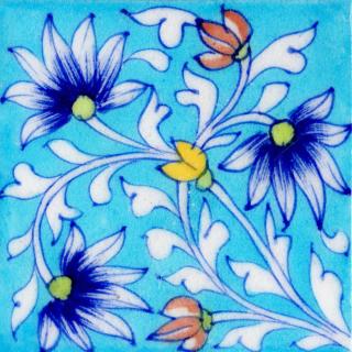 Blue Flowers and White Leaves On Turquoise Base tile 