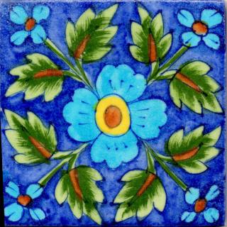 Turquoise Flower and Green Leaves Design On Blue Base Tile 