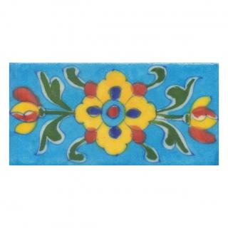 Yellow,Blue and Brown Flowers and Green leaf with Turquoise Base Tile