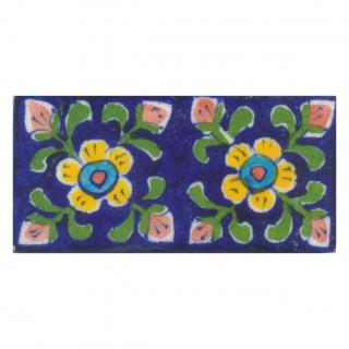 Yellow,Blue and Brown Flowers and Green leaf with Blue  Base Tile