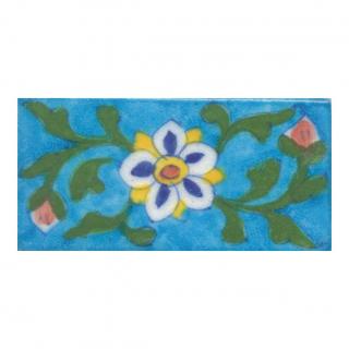 Yellow,Blue,Brown and White Flower and Green leaf  with Turquoise Base TileYello