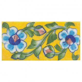 Turquoise,Brown and Blue Flowers and Lime Green leaf with Yellow Base Tile
