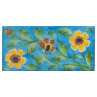 Yellow,Blue and Brown Flowers and Lime Green leaf with Turquoise Base Tile