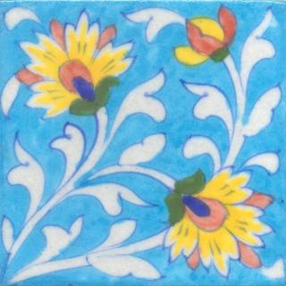 Yellow Flower  and White leaf with Turquoise Base Tile