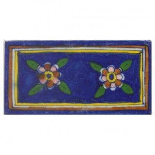 Brown,Pink and Yellow Flowers and Green leaf with Blue Base Tile
