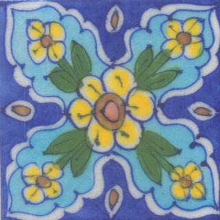Yellow and Brown Flowers and Green leaf with Turquoise and Blue Base Tile